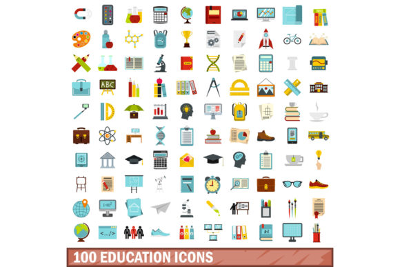 100 Education Icons Set, Flat Style