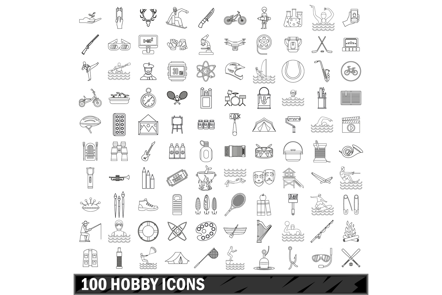 100 Hobby Icons Set, Outline Style