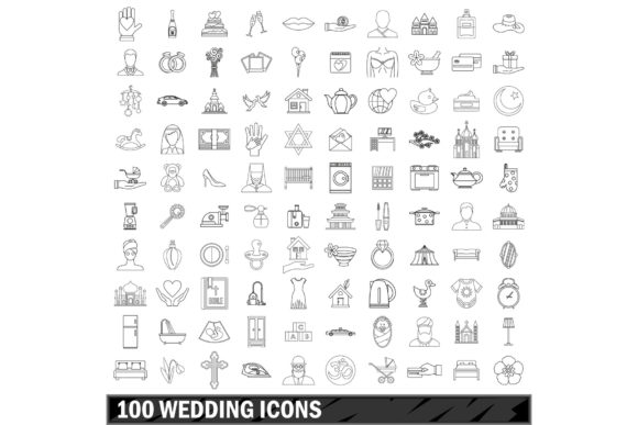 100 Wedding Icons Set, Outline Style