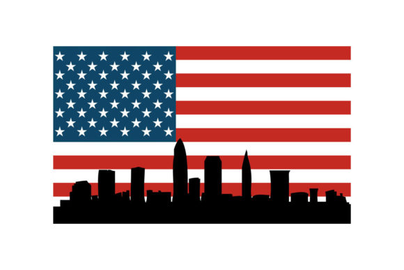 Cleveland Ohio Cityscape American Flag