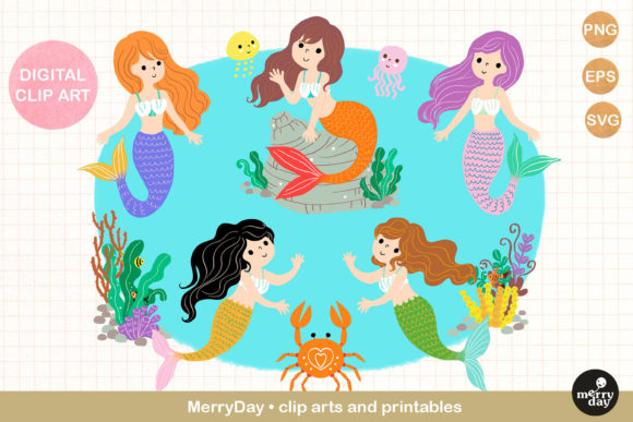 Little Mermaids Sea Cute Clip Art Graphic Illustrations By MerryDay