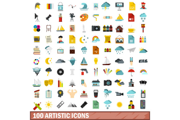 100 Artistic Icons Set, Flat Style