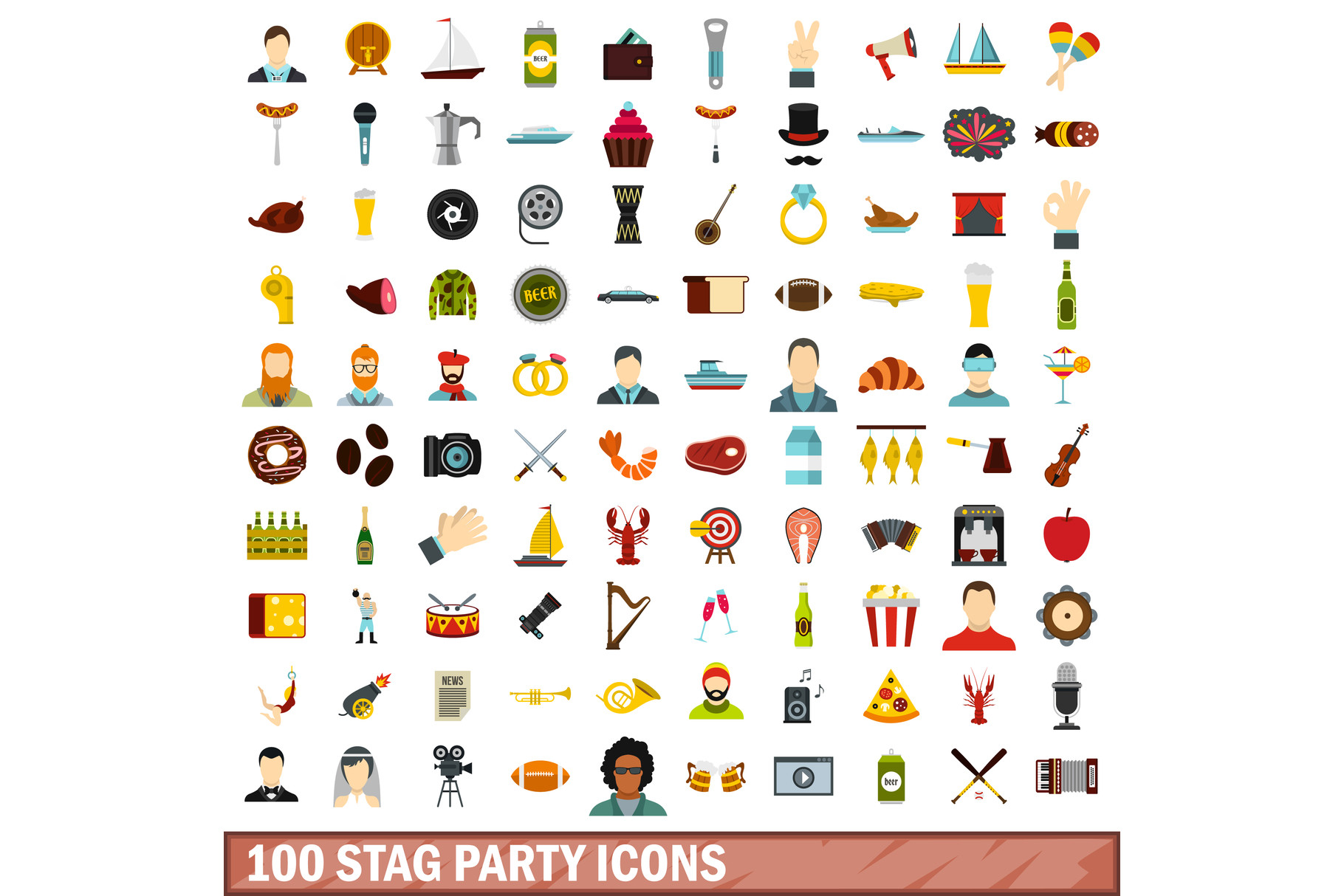 100 Stag Party Icons Set, Flat Style Graphic by ylivdesign · Creative ...