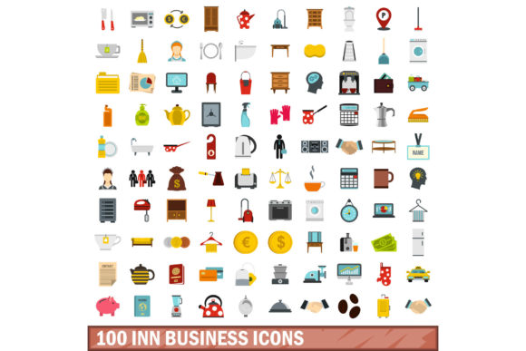 100 Inn Business Icons Set, Flat Style Afbeelding Iconen Door ylivdesign