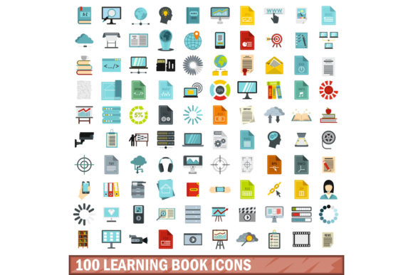 100 Learning Book Icons Set, Flat Style