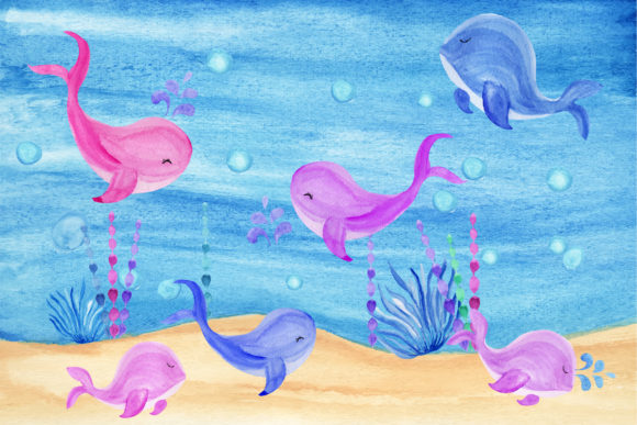 Watercolor Whales with Ocean. Graphic Illustrations By Floralworld