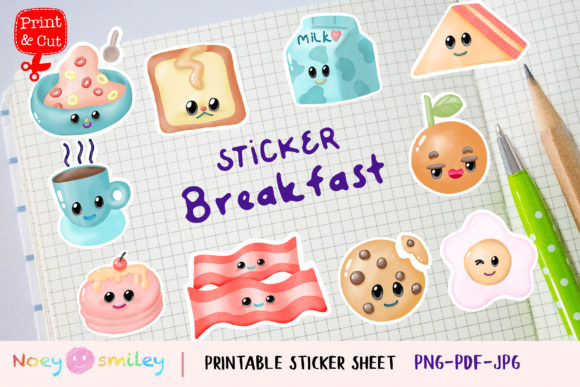 Cute Breakfast Sticker, Printable Clipar Graphic Crafts By Noey smiley