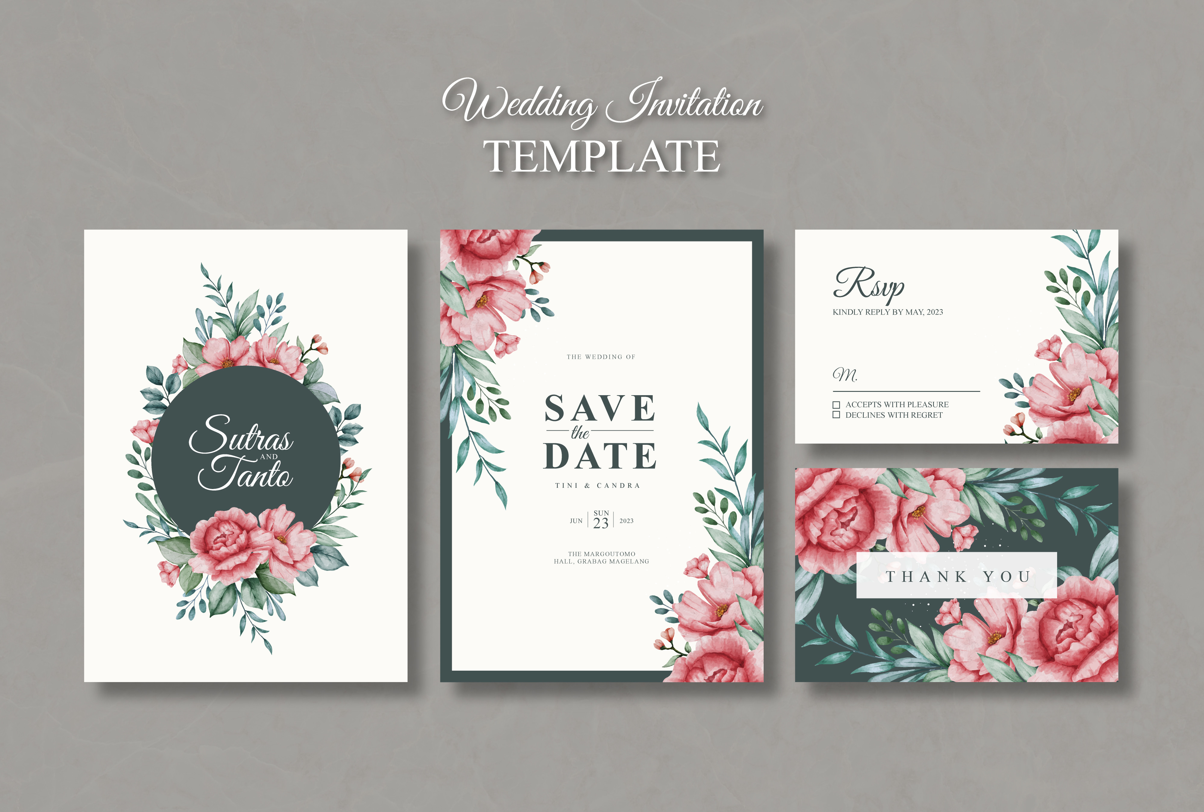 Wedding Card Template Set Watercolor