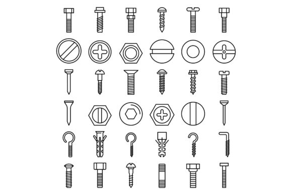 Screw-bolt Icons Set, Outline Style