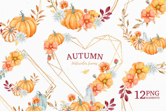 Autumn Watercolor Frames and Bouquets Graphic Illustrations By SipkaDesigns