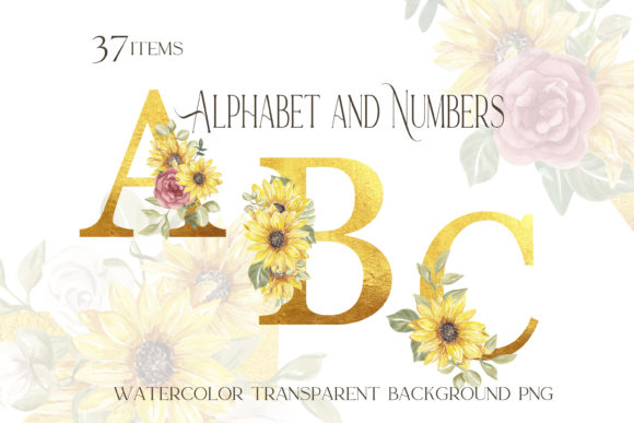 Sunflower Alphabet, Floral Alphabet Graphic Illustrations By GingerNatyArt