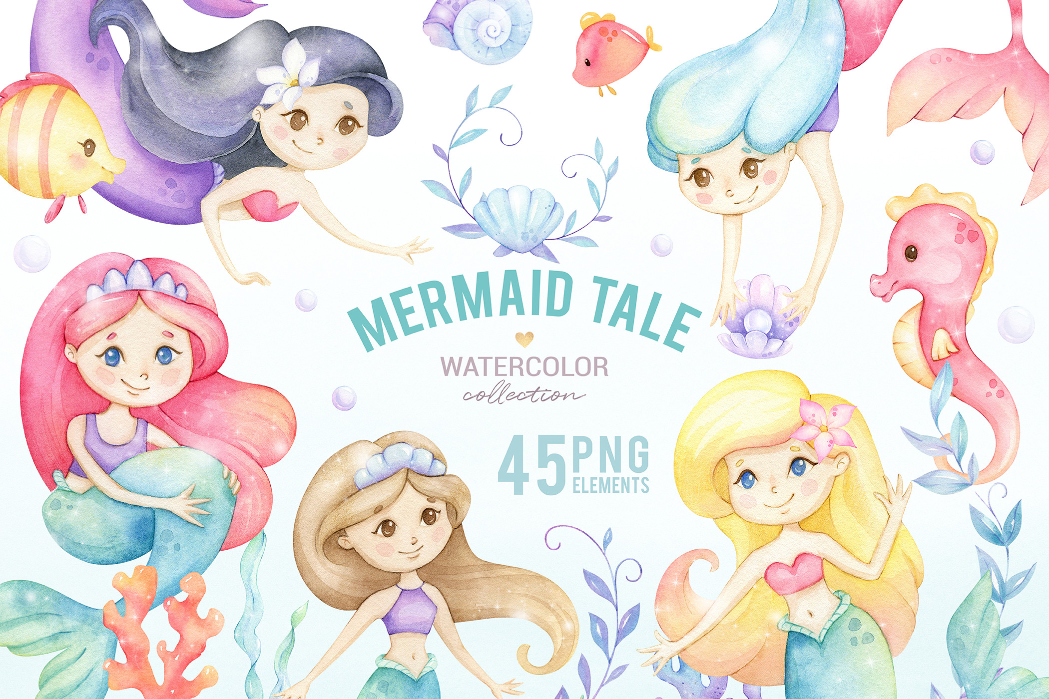 Cute Mermaid Watercolor Clipart
