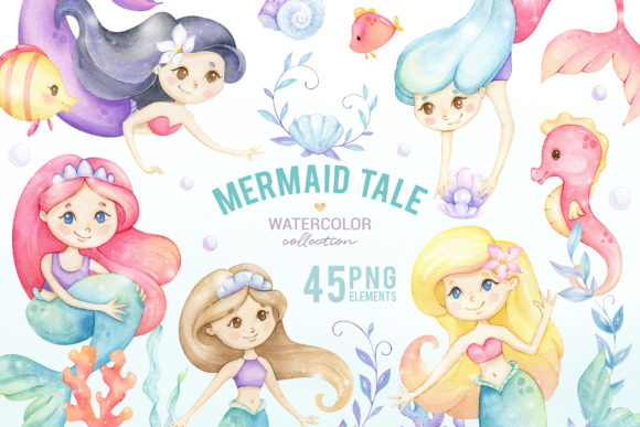 Cute Mermaid Watercolor Clipart Graphics