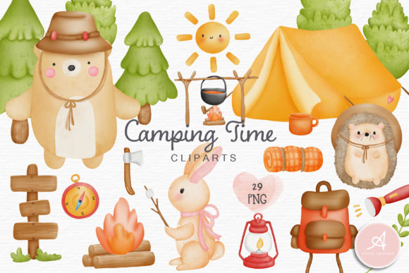 Watercolor Camping Time Clipart