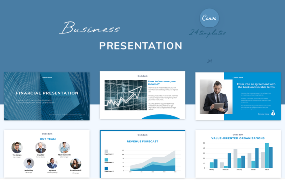 Minimalist Canva business presentation templates with graphs and diagrams