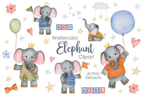 Watercolor Elephant Clipart. Graphic Illustrations By Kira Art Story