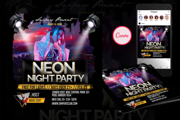 Neon Night Event Flyer Canva Template