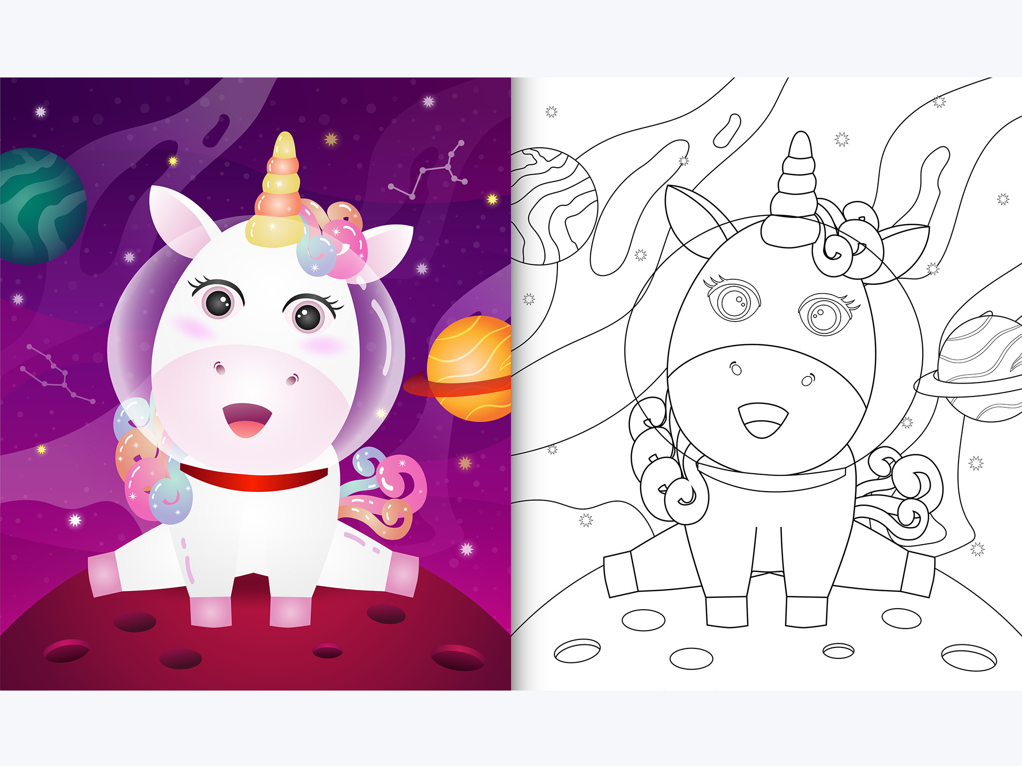 Unicorn Space 4 - Coloring Page Illustration par wijayariko · Creative ...