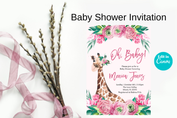 Pink Giraffe Floral Baby Shower, Canva