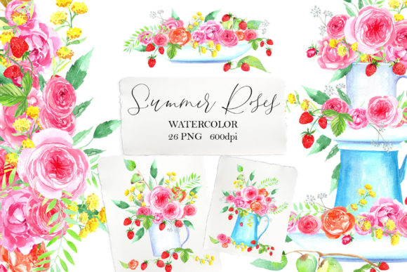 Watercolor Summer Roses Clipart Graphic