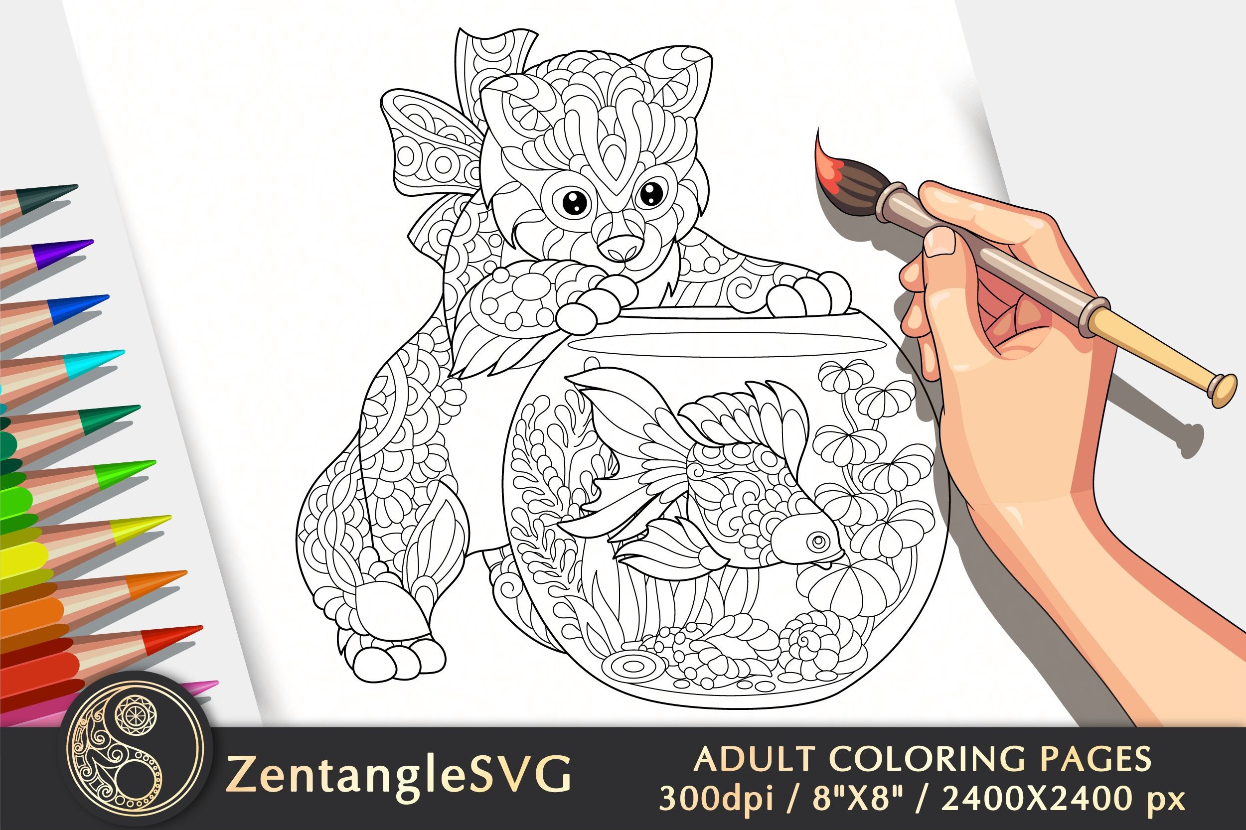 Cat and Fish Coloring Page for Adults