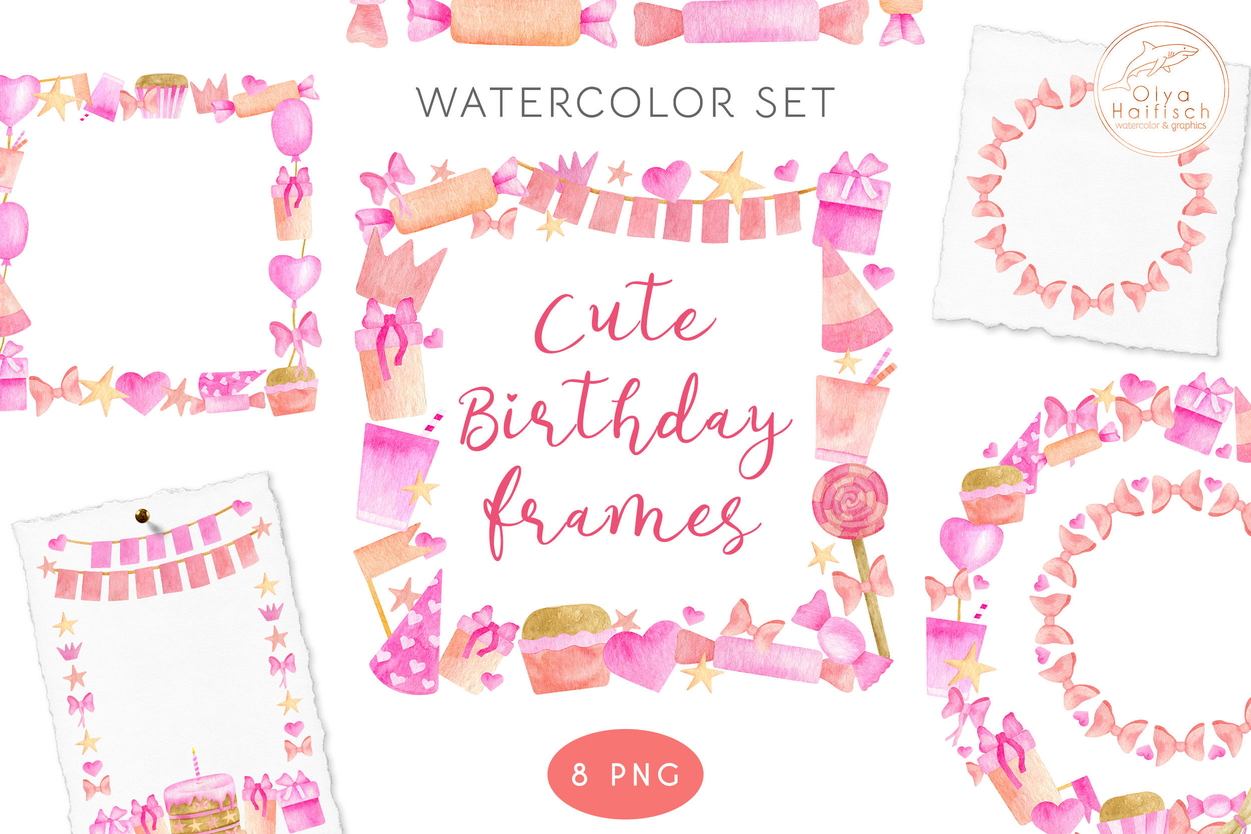 Happy Birthday Watercolor Frames PNG Set