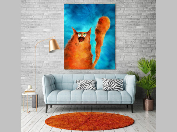 Red Cat on a Blue Background Watercolor Graphic Illustrations By LivingСreatures