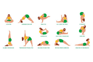 Yoga poses flat vector illustrations set