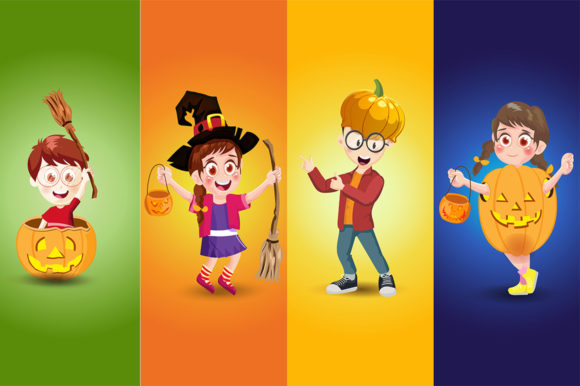 Kids Halloween Party with Different Pose