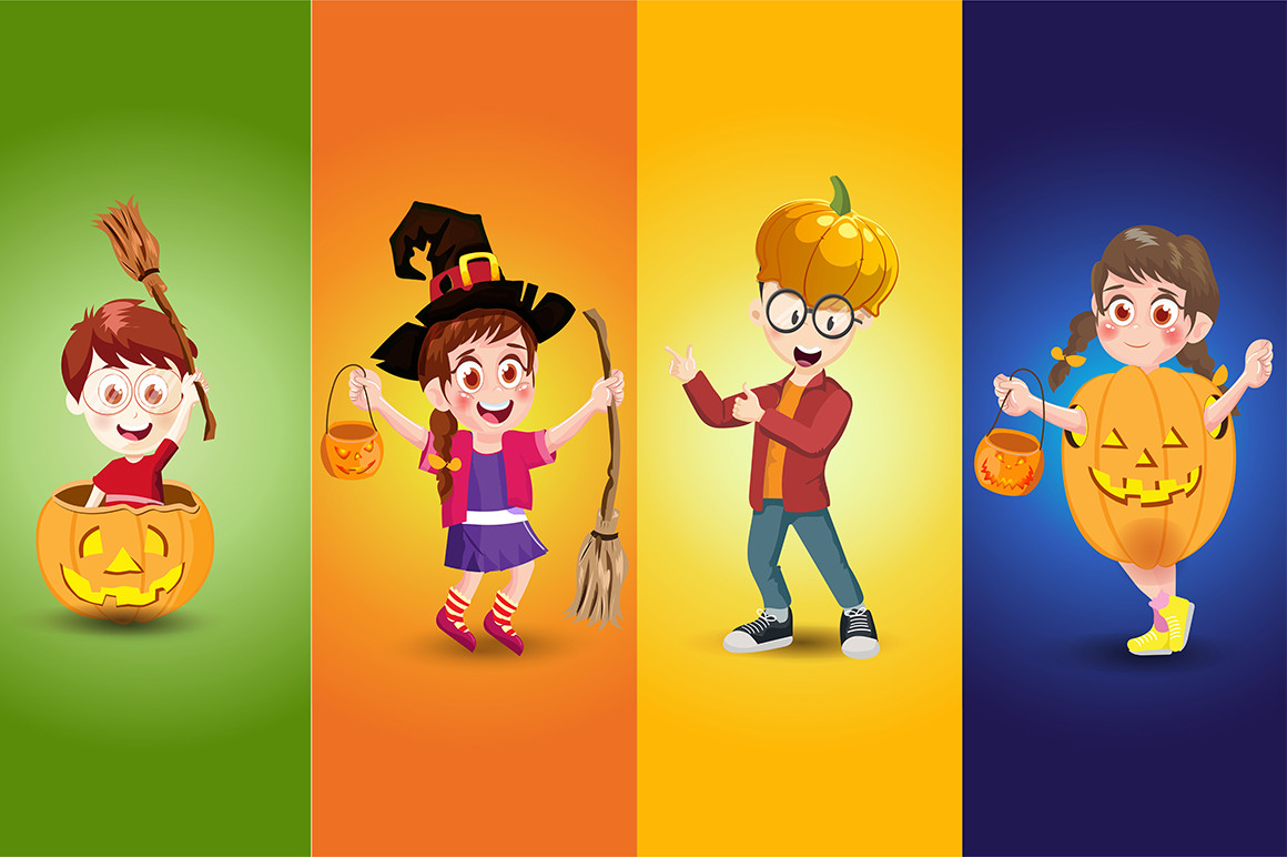 Kids Halloween Party with Different Pose