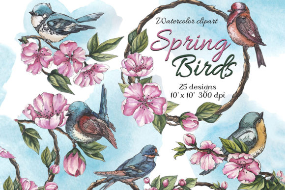 Watercolor Flowers and Birds Clipart Graphic Illustrations By Derevnina Art Store