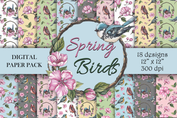 Watercolor Flowers and Birds Pattern Graphic Patterns By Derevnina Art Store