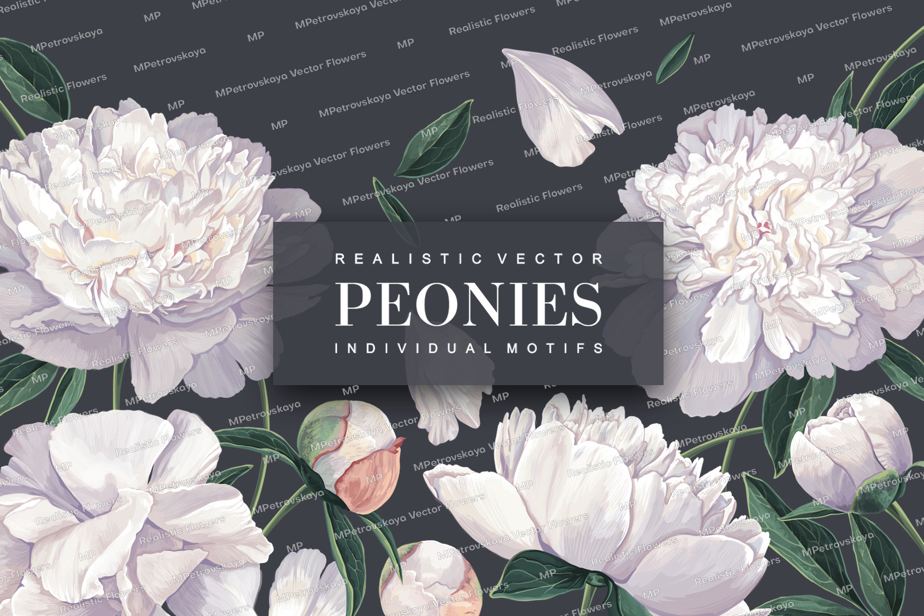 White Realistic Peonies Set