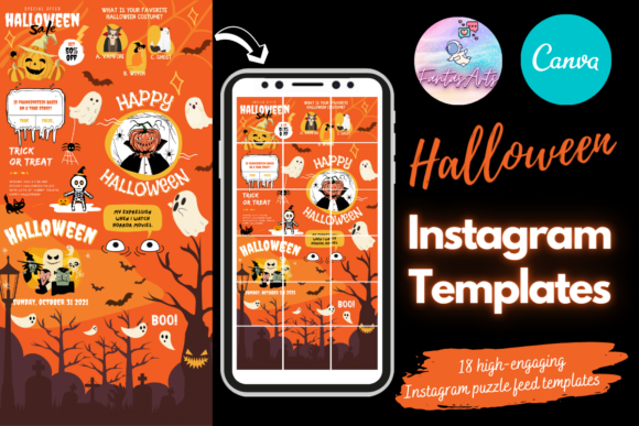 Halloween Instagram puzzle feed template with connected Canva posts