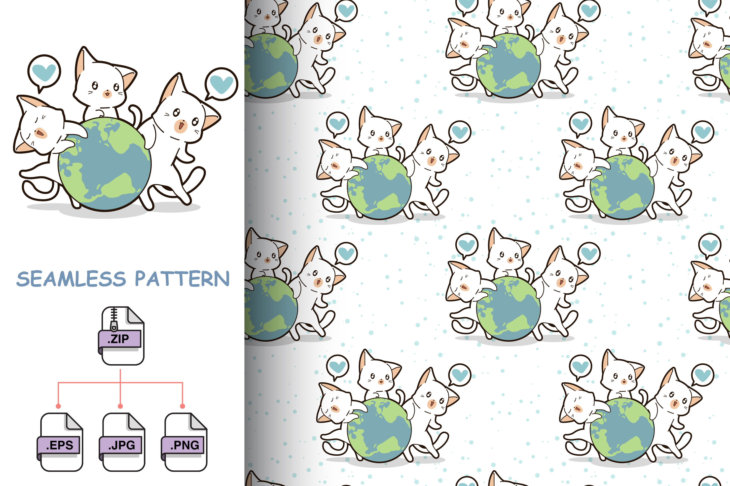 Seamless 3 Cats Love the World Pattern Graphic by valueinvestor ...