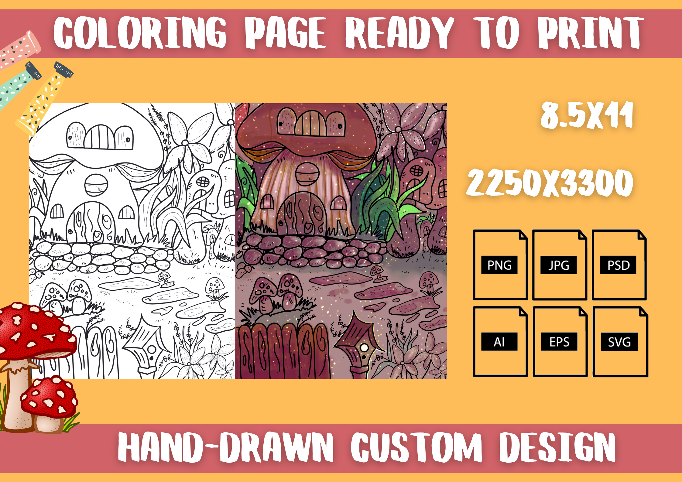 Mushroom House Coloring Page Graphic by RimzStudio · Creative Fabrica