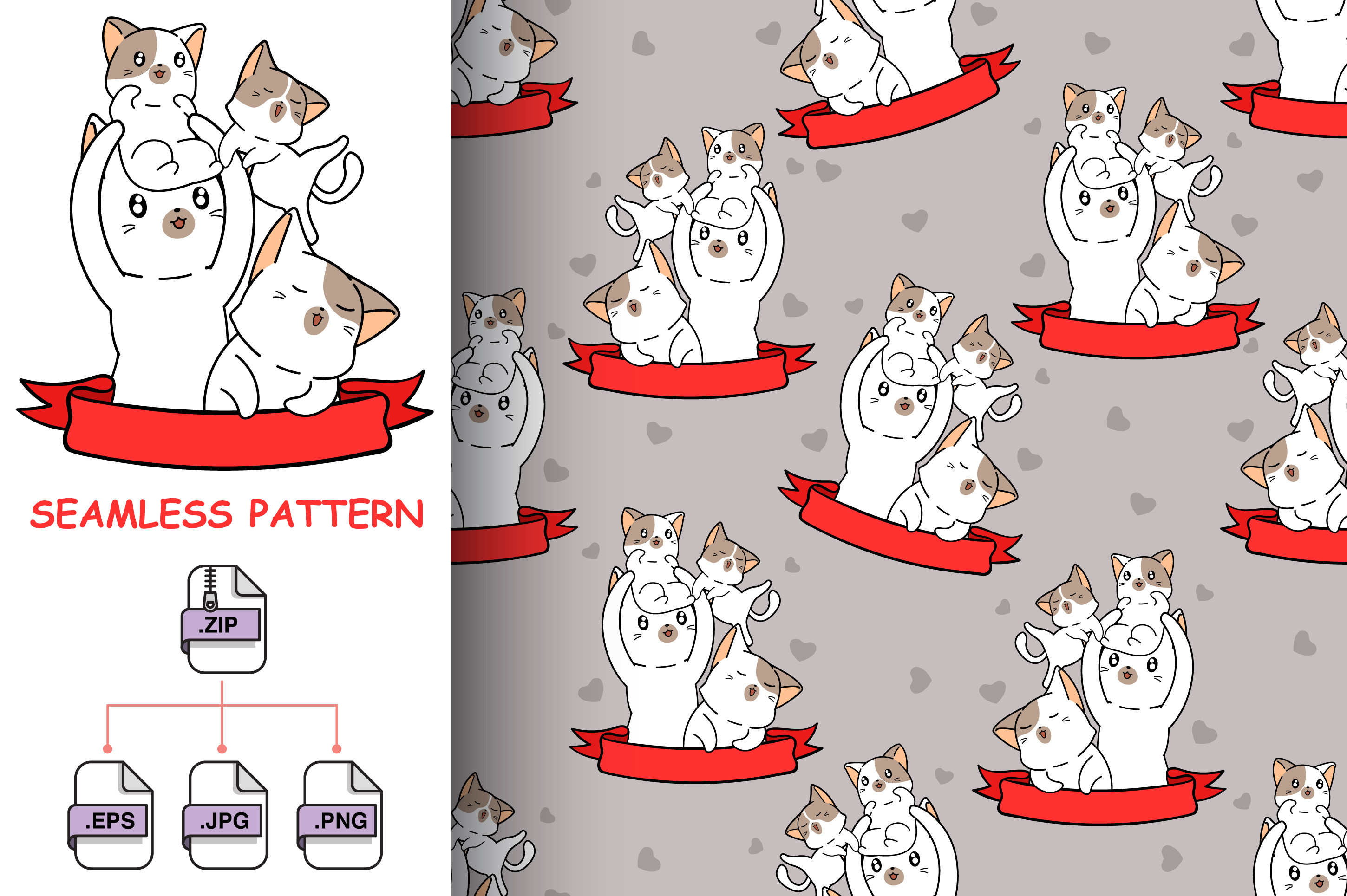 Seamless Cats and Red Ribbon Pattern Graphic by valueinvestor ...