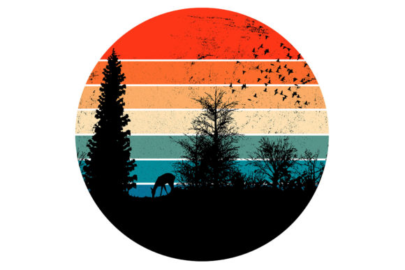 Deer Forest Trees Flying Flock of Birds