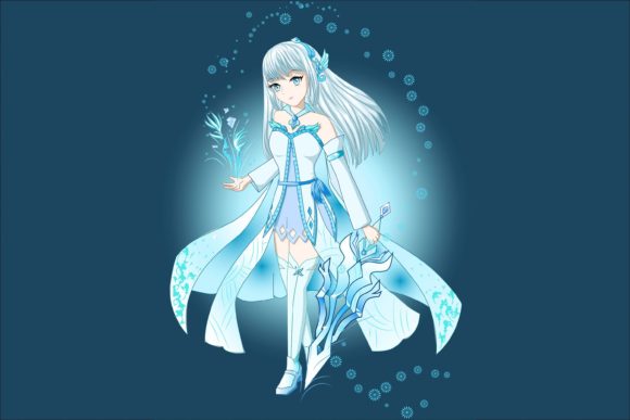 Anime Girl White Blue Costume with Sword Graphic by neves.graphic777   Creative Fabrica