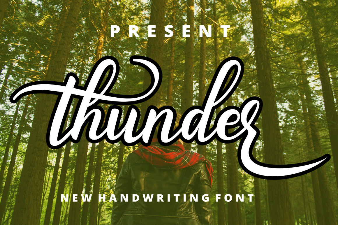 Thunder elegant script font preview showing flowing modern handwritten lettering with refined swashes