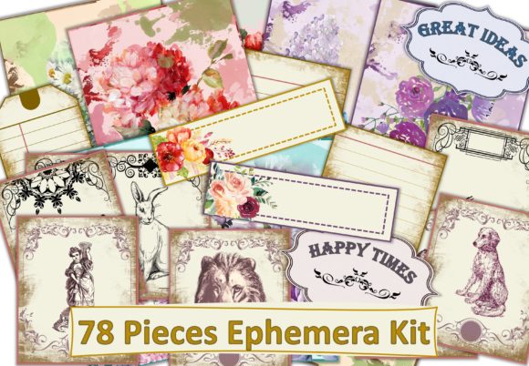Printable Scrapbook Ephemera Kit 78pcs