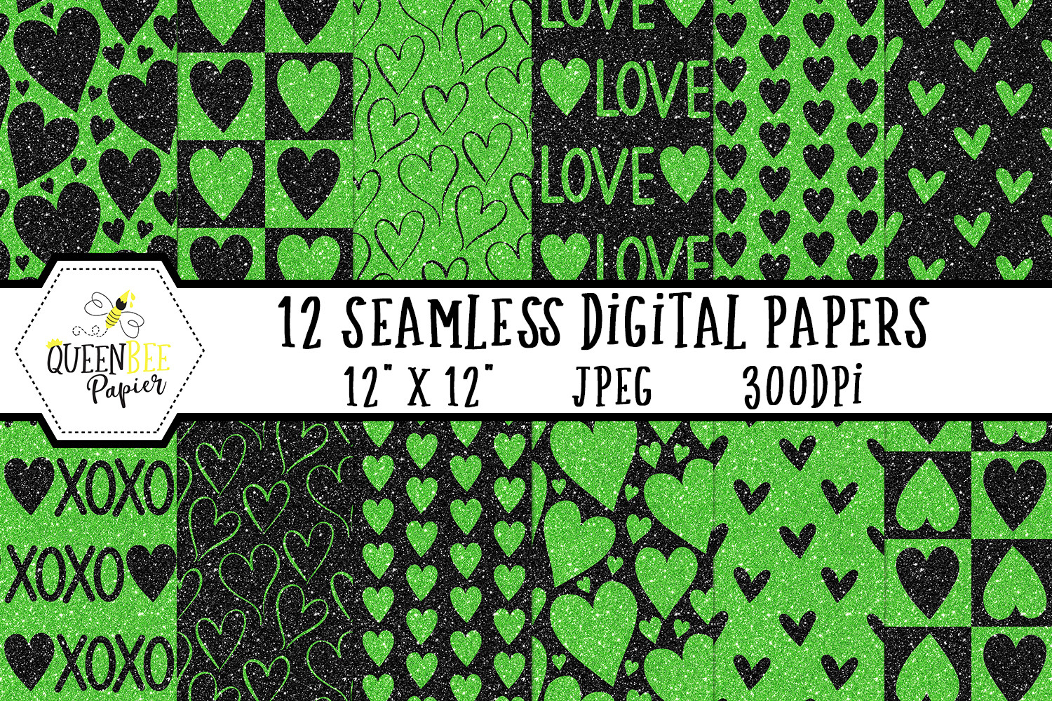 Black Green Glitter Heart Digital Paper Graphic by Queen Bee Papier ...