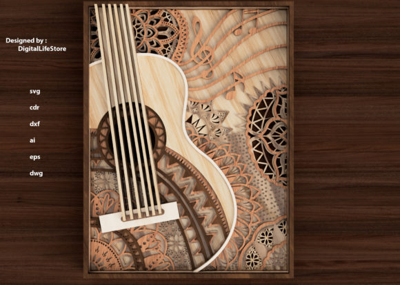 Layered guitar mandala laser cut SVG file for musician dog dad wall art