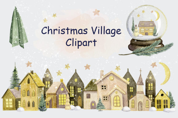 Merry Christmas Watercolor Country House Graphic Illustrations By WatercolorWine