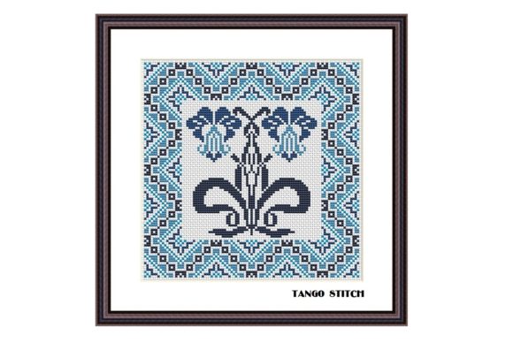 Blue Art Nouveau Cute Flower Stitching