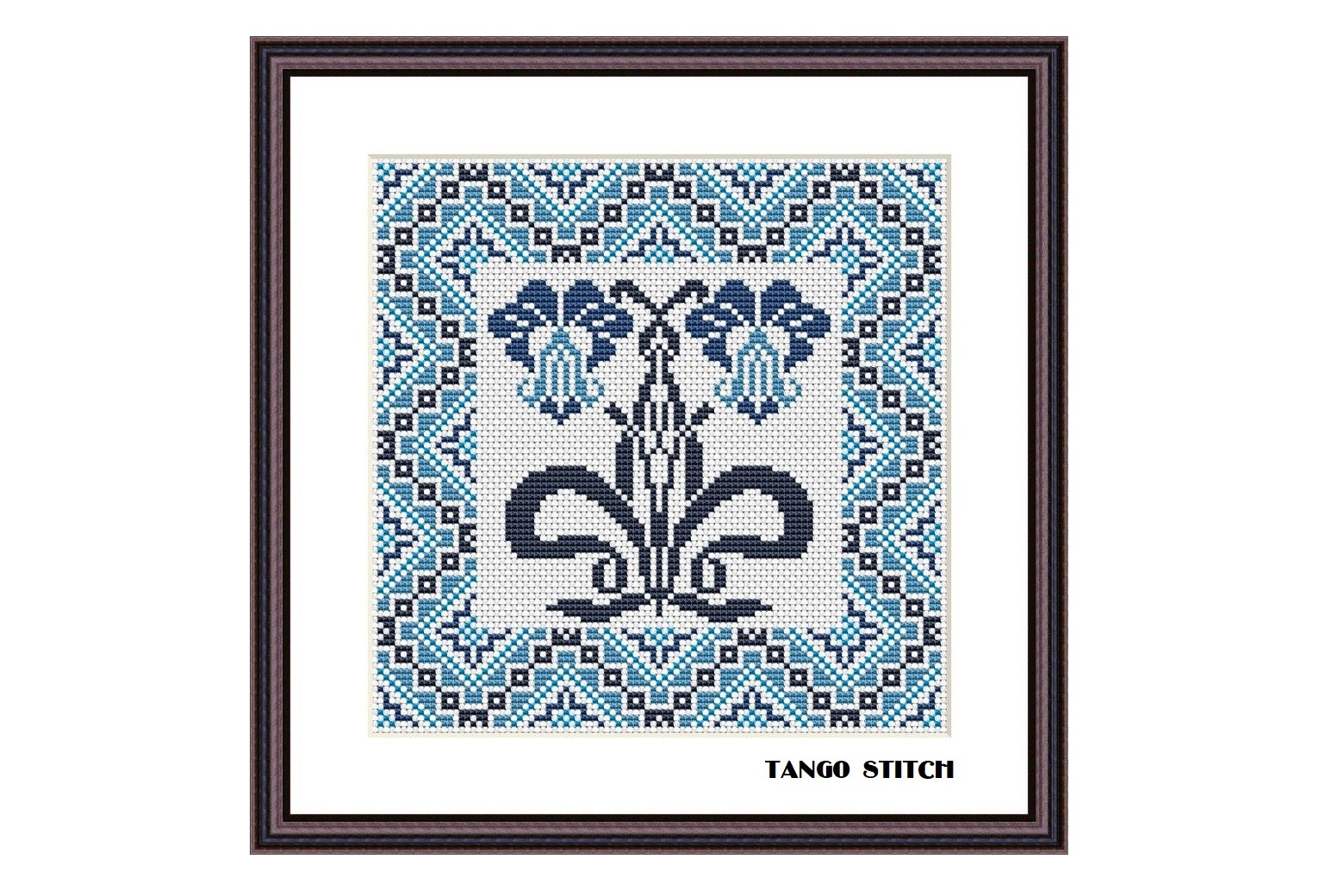 Blue Art Nouveau Cute Flower Stitching
