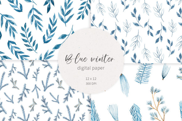 Watercolor Blue Winter Digital Paper Gráfico Ilustrações para Impressão Por viktoriiavkArtShop