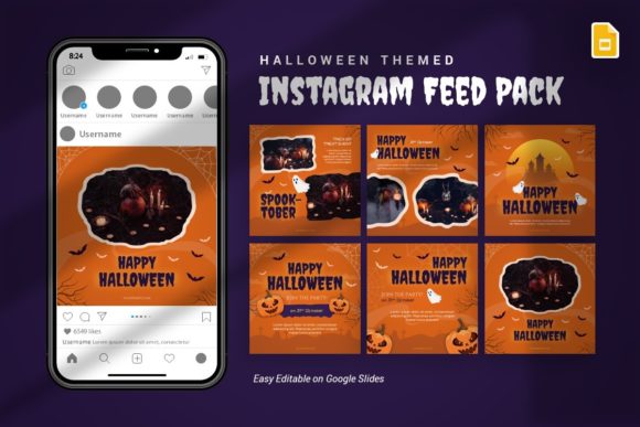 Halloween Instagram Feed Google Slides template with six square layouts