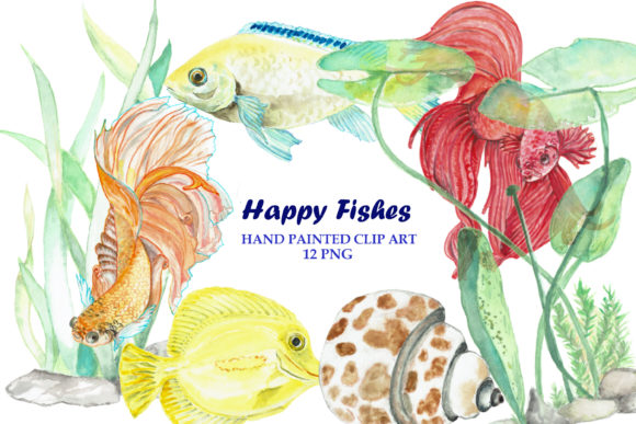 Fish Shells Underwater Plants Watercolor