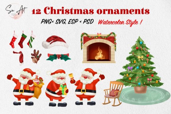 Christmas Tree Santa Christmas Ornaments Graphic Illustrations By Su Digital Art